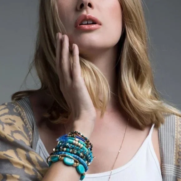 SOLD OUT Multi Layer Turquoise Charm Beaded Wood Metal Gold Bead Stretch - Picture 6 of 7